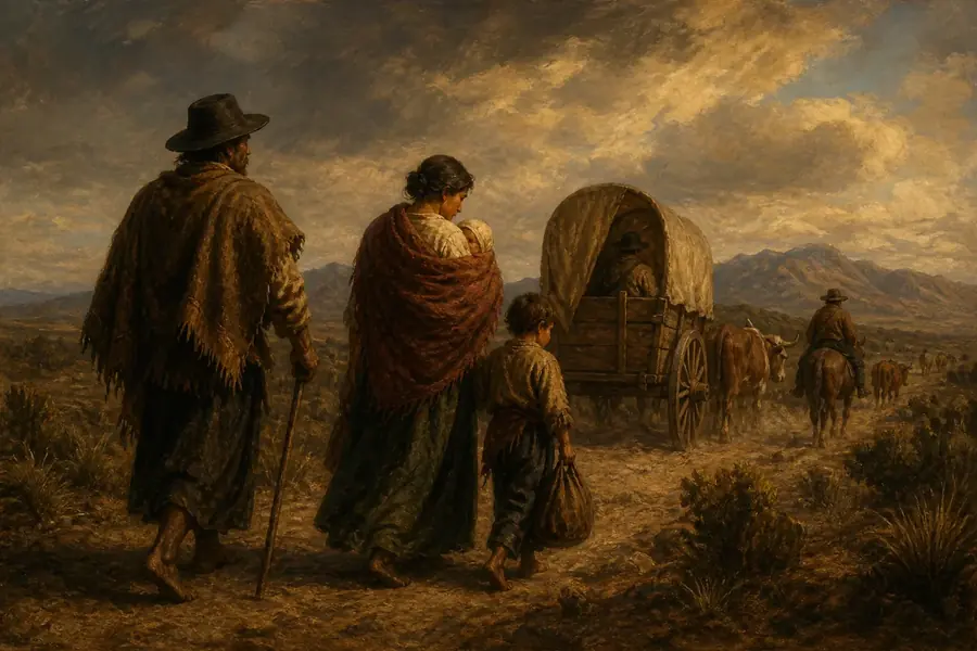 Pintura de una familia que recorre los caminos del Río de la Plata junto a una carreta